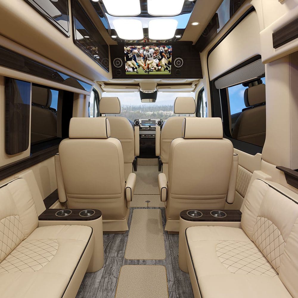 luxurious interior cabin inside the Ultimate RV, custom sprinter